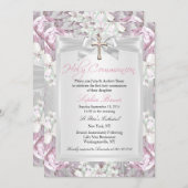Invitation Vintage Rustique première communion rose (Devant / Derrière)