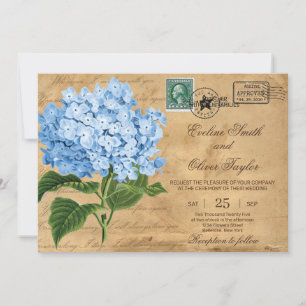 Invitation Vintage rustique vieux papier bleu hydrangea maria
