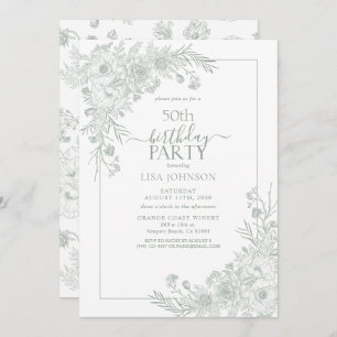 Invitation Vintage Sage Green Floral Line Art 50e anniversair