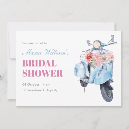 Invitation Vintage scooter bleu douche nuptiale (Devant)