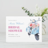 Invitation Vintage scooter bleu douche nuptiale (Debout devant)