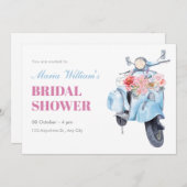 Invitation Vintage scooter bleu douche nuptiale (Devant / Derrière)
