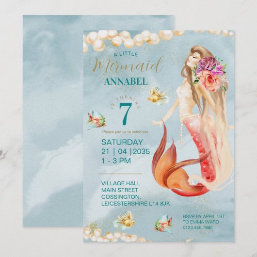 Invitation Vintage sentiment Mermaid Party Kraft (Devant / Derrière)
