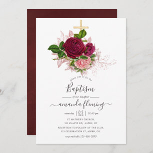 Invitation Vintage Shabby-Chic Blush et Baptême Bourgogne