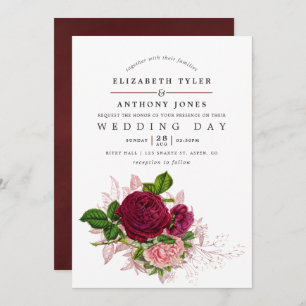Invitation Vintage Shabby-Chic Blush et Mariage de Bourgogne