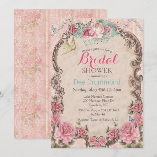 Invitation vintage Shabby Chic Bridal Shower (Devant / Derrière)