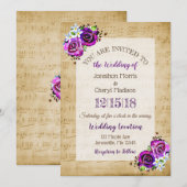 Invitation Vintage Sheet Music Purple Rose Mariage (Devant / Derrière)