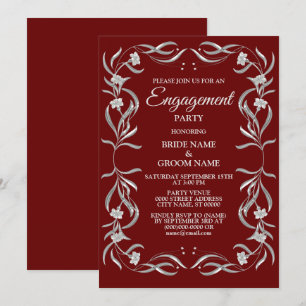Invitation Vintage Silver Floral Patal Red Engagement Party