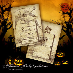 Invitation Vintage Skeleton Tombstone Gothique Halloween Part