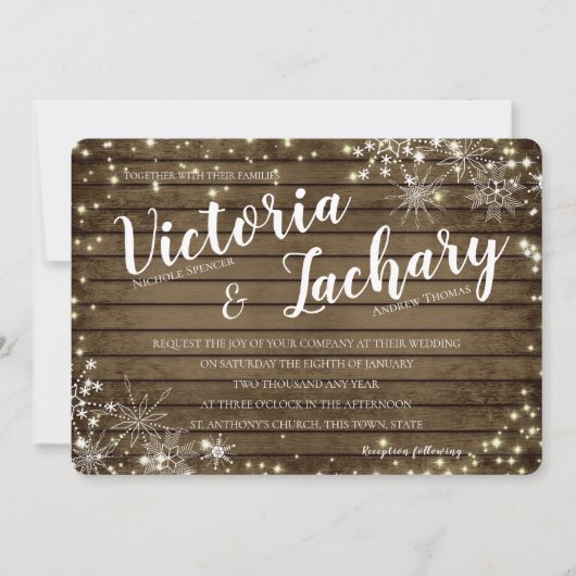 Invitation Vintage Snowflakes en bois et Mariage d'étincelles (Devant)