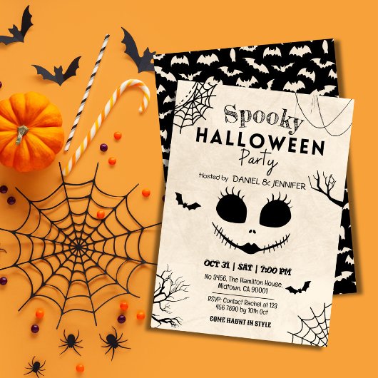 Invitation Vintage spider webs bats skull face Halloween