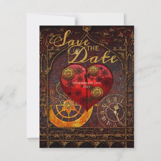 Invitation Vintage Steampunk Hearts Gears Wedding Save Date I (Devant)