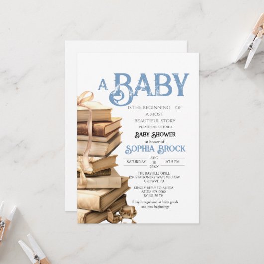 Invitation Vintage Storybook Navy Blue Baby Shower (Devant/Arrière en situation)