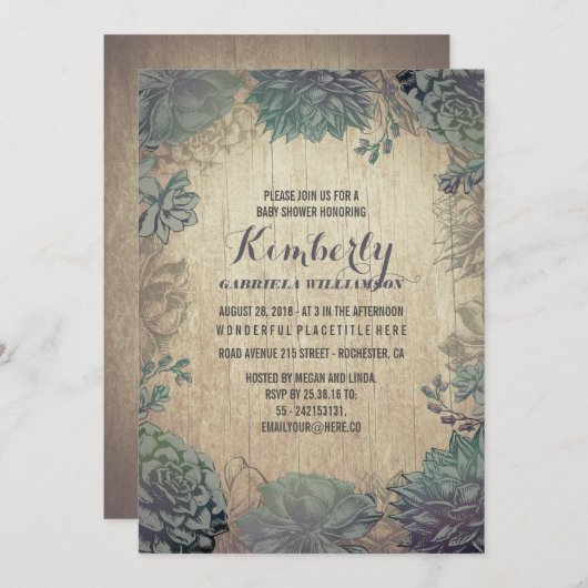 Invitation Vintage Succulents Baby shower rustique (Devant / Derrière)