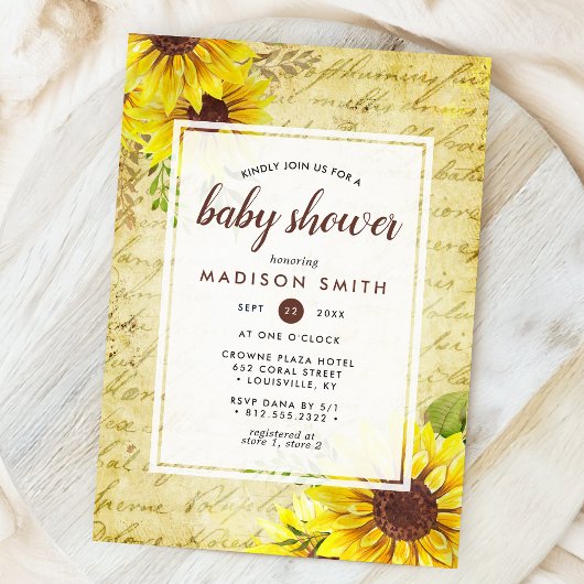 Invitation Vintage Sunflower Script Baby Shower