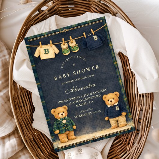 Invitation Vintage Teddy Bear Preppy Baby Shower