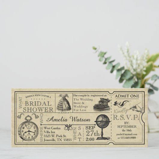 Invitation vintage Ticket de douche nuptiale (Debout devant)