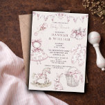 Invitation  Vintage Toile Nursery Baby Girl Shower Blush Pink<br><div class="desc">A vintage toile nursery objects blush pink baby girl shower design featuring a collection of classic baby essentials for the nursery, including a rocking horse, baby shoes, rattle, doll, baby blocks, and a toile patterned baby bodysuit. The soft pink toile illustrations celebrate the arrival of a sweet baby girl and...</div>