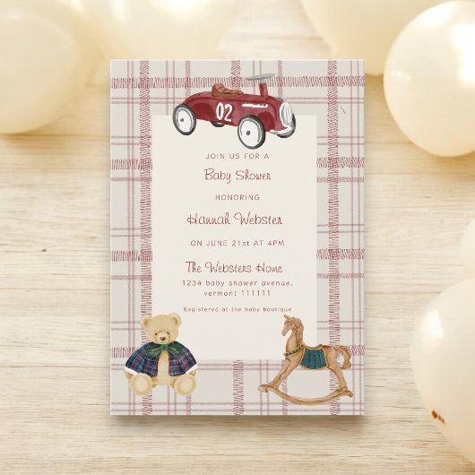 Invitation Vintage Toy Car Teddy Bear Baby Shower