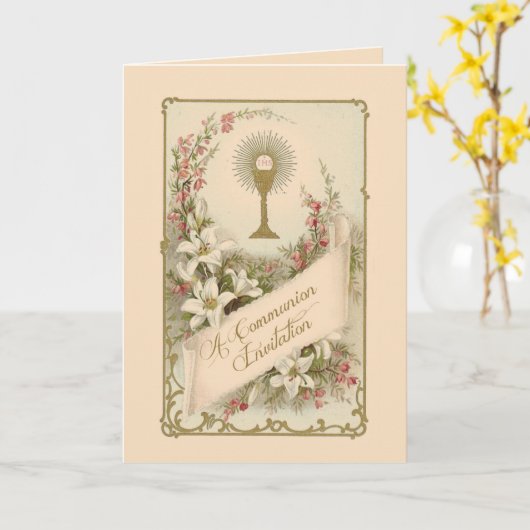 Invitation vintage traditionnelle catholique commu (Fleur jaune)