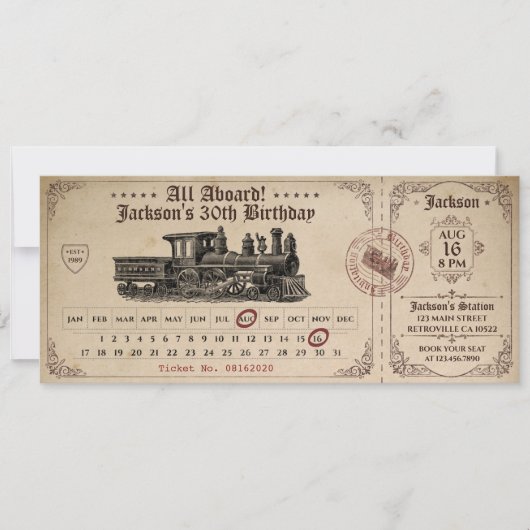 Invitation Vintage Train Ticket Birthday Invite (Devant)
