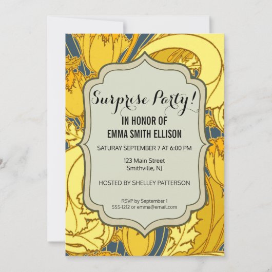Invitation Vintage Tulip Blue Gold Motif (Devant)