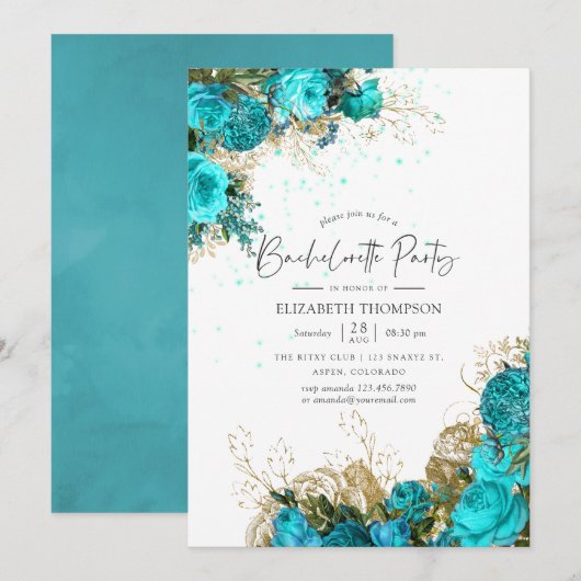 Invitation Vintage Turquoise et Gold Bachelorette Party (Devant / Derrière)