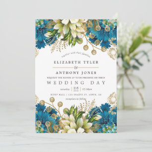 Invitation Vintage Turquoise et or Shabby Mariage floral