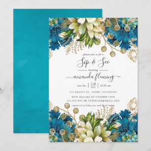 Invitation Vintage Turquoise et Or Shabby Sip and See