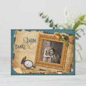 Invitation Vintage Turquoise, Gold Frame Photo Wedding Invita (Debout devant)