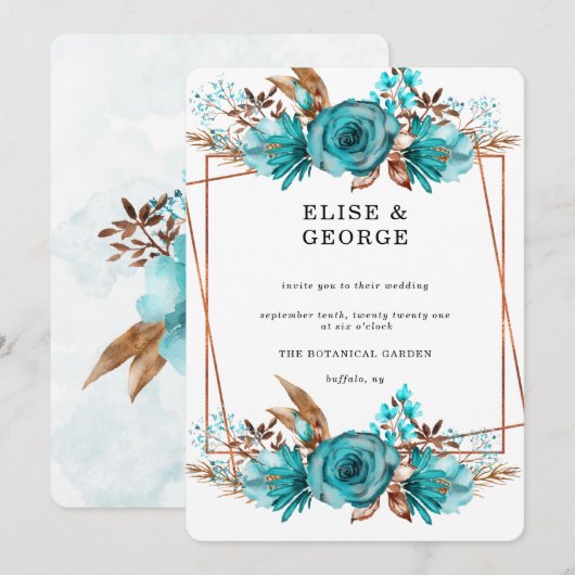 Invitation Vintage Turquoise Gold Peony Mariage géométrique I (Devant / Derrière)
