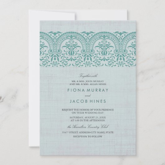 Invitation Vintage turquoise Mariage damassé (Devant)
