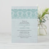 Invitation Vintage turquoise Mariage damassé (Debout devant)