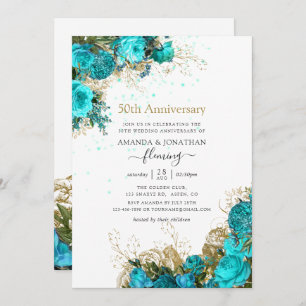 Invitation Vintage Turquoise & Or 50e anniversaire Mariage