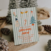 Invitation Vintage Vert Illustré fête de Noël rayé