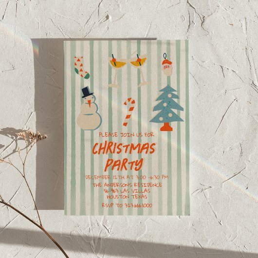 Invitation Vintage Vert Illustré fête de Noël rayé