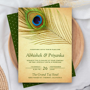 Invitation Vintage vert Peacock Feather Mariage indien
