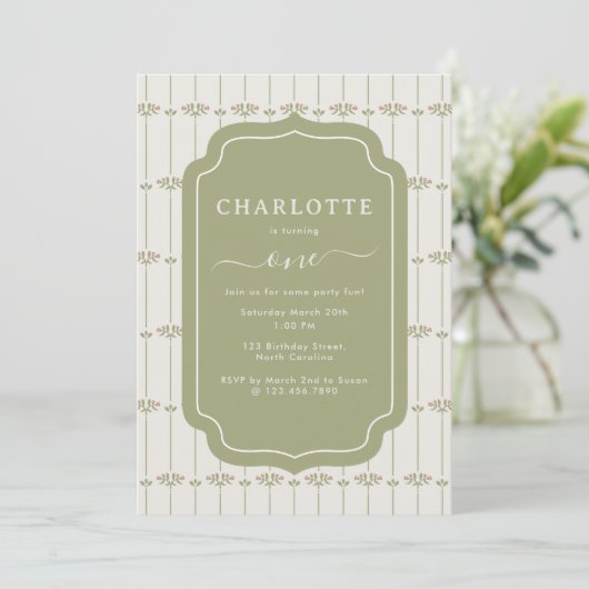Invitation Vintage Victorian Botanical Stripes Birthday (Debout devant)