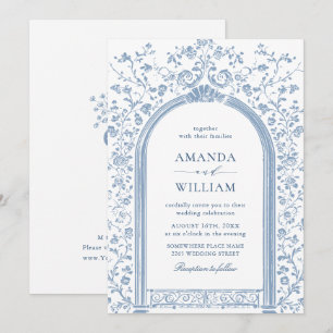 Invitation Vintage Victorian Floral Dusty Blue Sketch Mariage