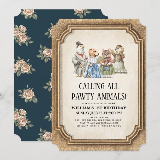 Invitation Vintage Victorian Pawty Animaux Garçon Anniversair (Devant / Derrière)