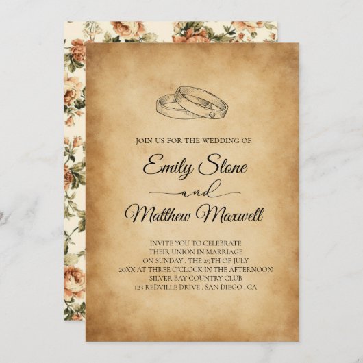 Invitation Vintage vieux papier, Mariage rustique (Devant / Derrière)