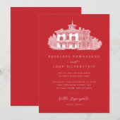 Invitation Vintage Villa Illustration Mariage rouge italien (Devant / Derrière)