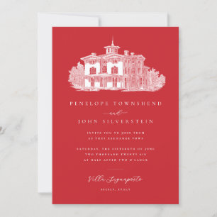 Invitation Vintage Villa Illustration Mariage rouge italien