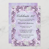 Invitation Vintage violet Roses et plumes 80e anniversaire (Devant / Derrière)