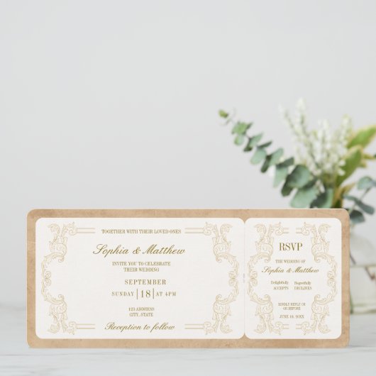Invitation Vintage Wedding Ticket with RSVP  (Debout devant)