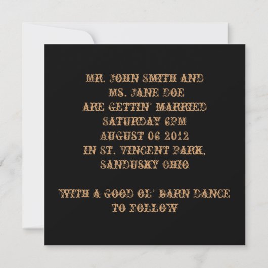Invitation vintage Western Rustic Mariage campagna (Dos)