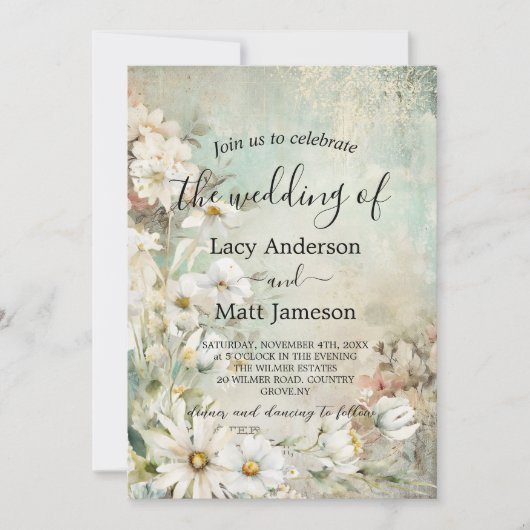 Invitation Vintage White Daisy Photo QR Code Mariage (Devant)