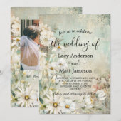 Invitation Vintage White Daisy Photo QR Code Mariage (Devant / Derrière)