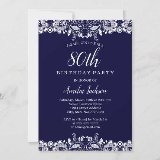 Invitation Vintage White Lace Navy 80e fête d'anniversaire (Devant)