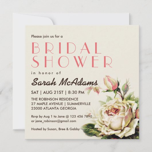 Invitation vintage White Rose Bridal Shower (Devant)